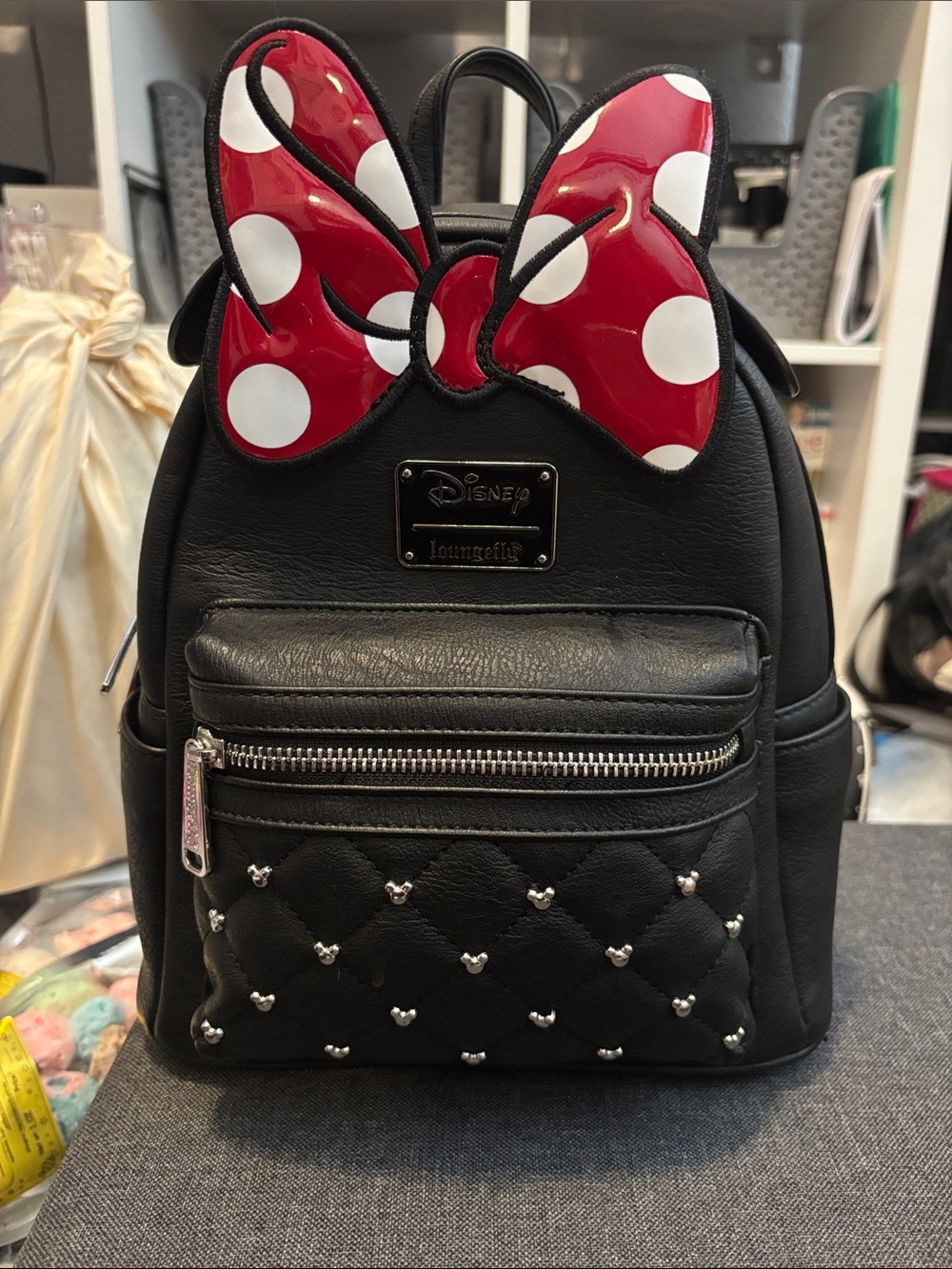 Loungefly Black Mini Backpack with Red & White Polka Dot Bow